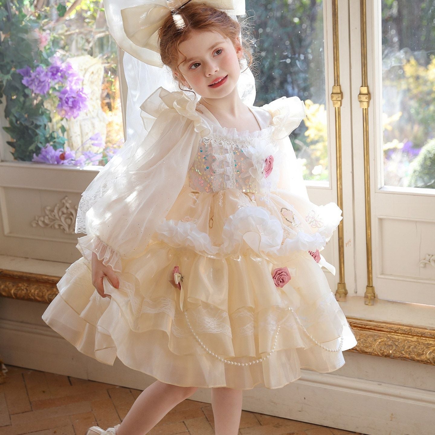 Children's Princess Long Sleeve Mesh Cake Rose Decorative Tulle Children's Dress