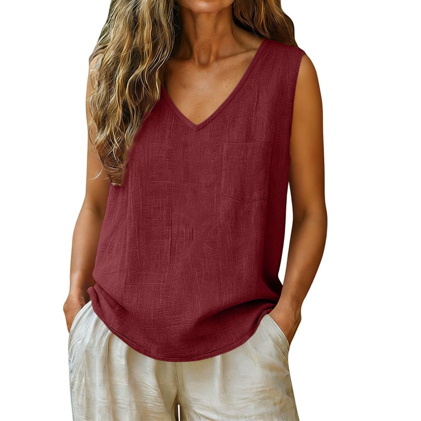 Women's Summer Fashion Casual Pocket Sleeveless Solid Color Cotton Linen Small Vest/suspenders/tube Top