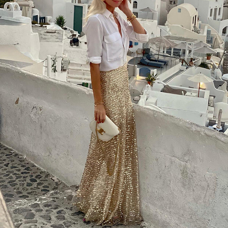 Stylish Women's Sequins Long Sequin Dress Skirt