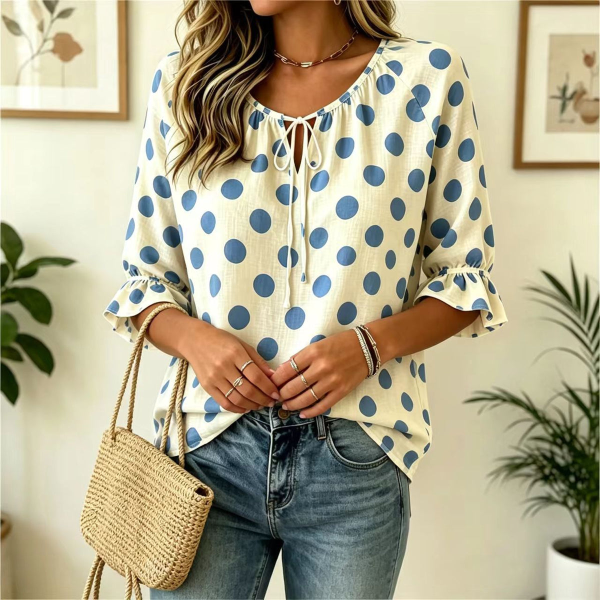 Women's Summer Printed Polka Dot Round Neck Tied Tops