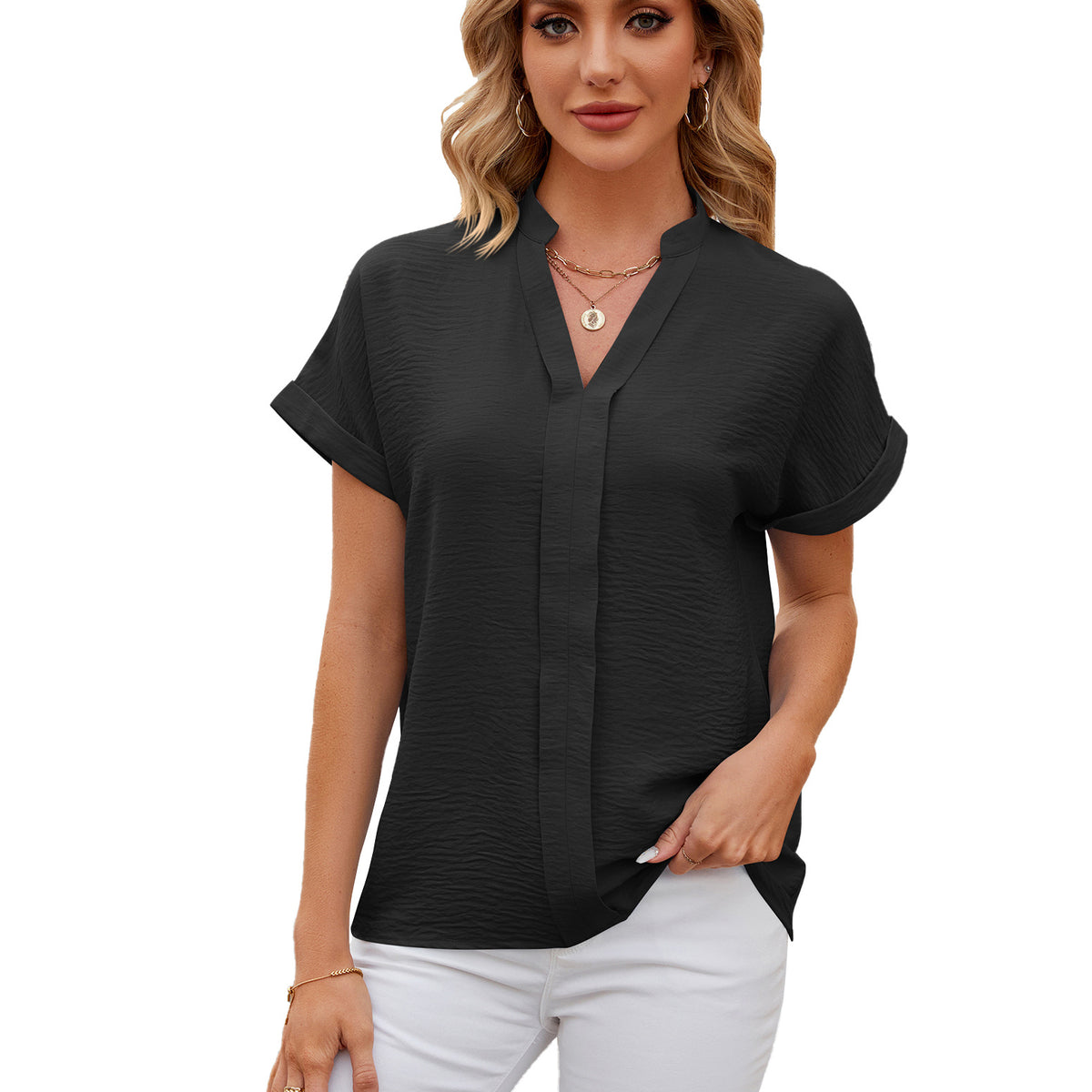 Glamorous Solid Color Sleeve Loose Casual Lace Shirt, Chiffon Shirt