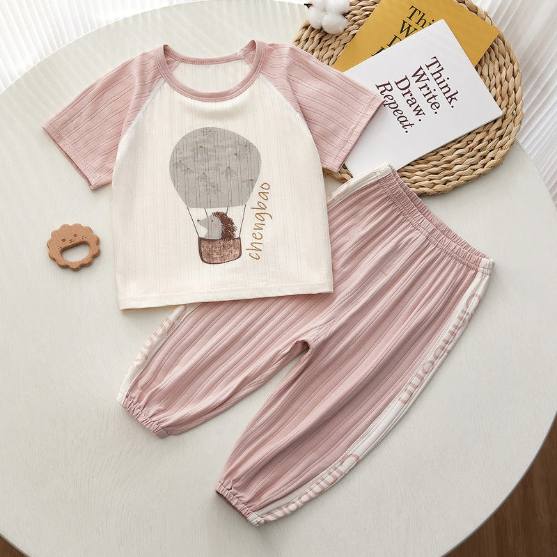 Children's Short-sleeved Summer Thin Bamboo Fiber Small Boys Trousers Children's Suit