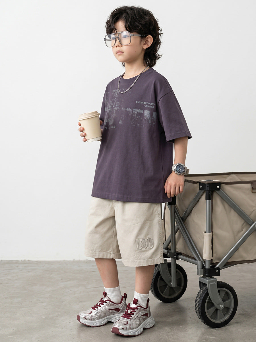Children's Short Sleeve Medium Big Distressed Printed Half Top Loose Shoulder Children's T-shirt