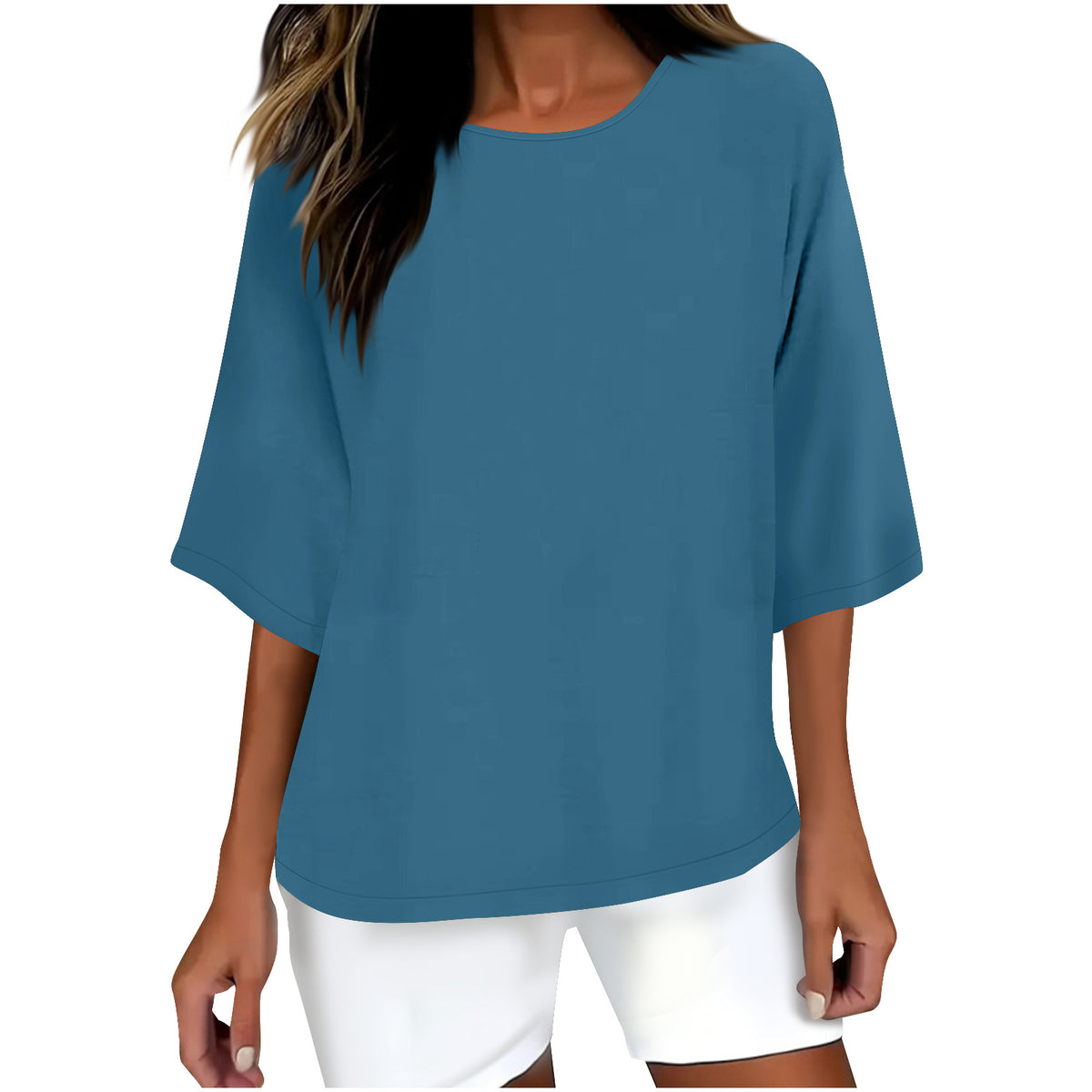 Women's Three-quarter Sleeve Round Neck Cotton Linen Blouse