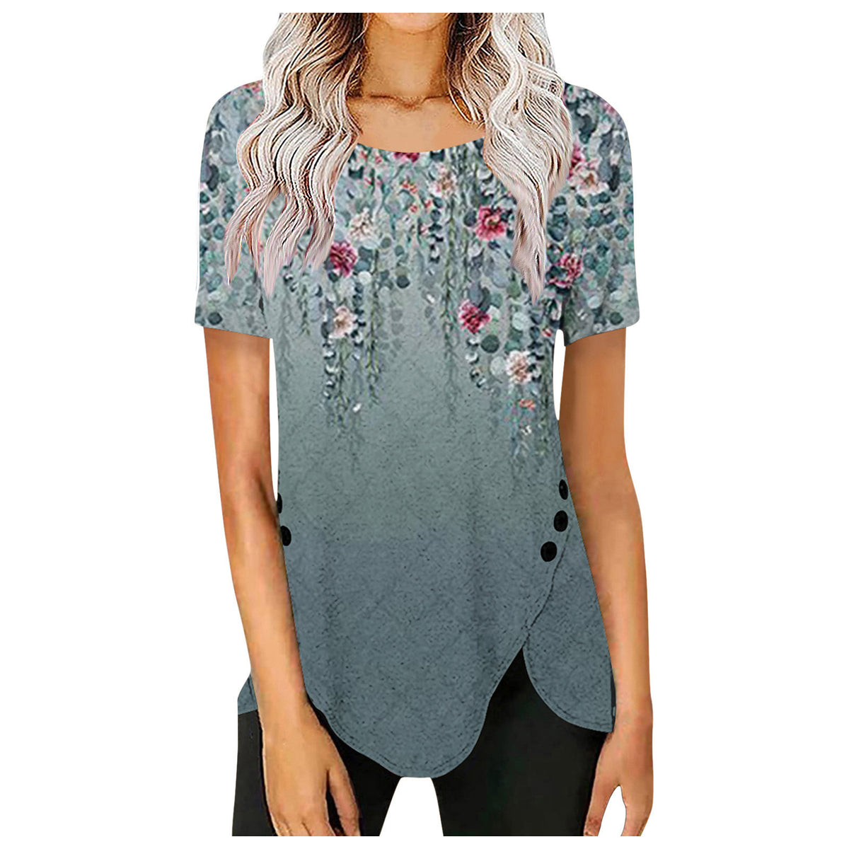 Women's Retro Button Gradient Printing Round Neck Shorts