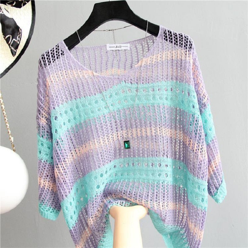 Women's Summer Chic Mesh Small Shirt Thin Loose Large Striped Sleeve Women's T-shirt