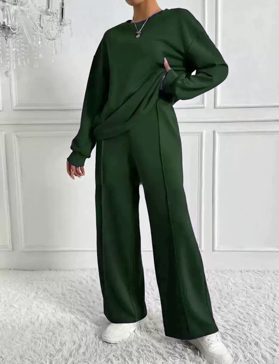 Women's Solid Color Round Neck Long-sleeved Trousers Fashion Casual Suit