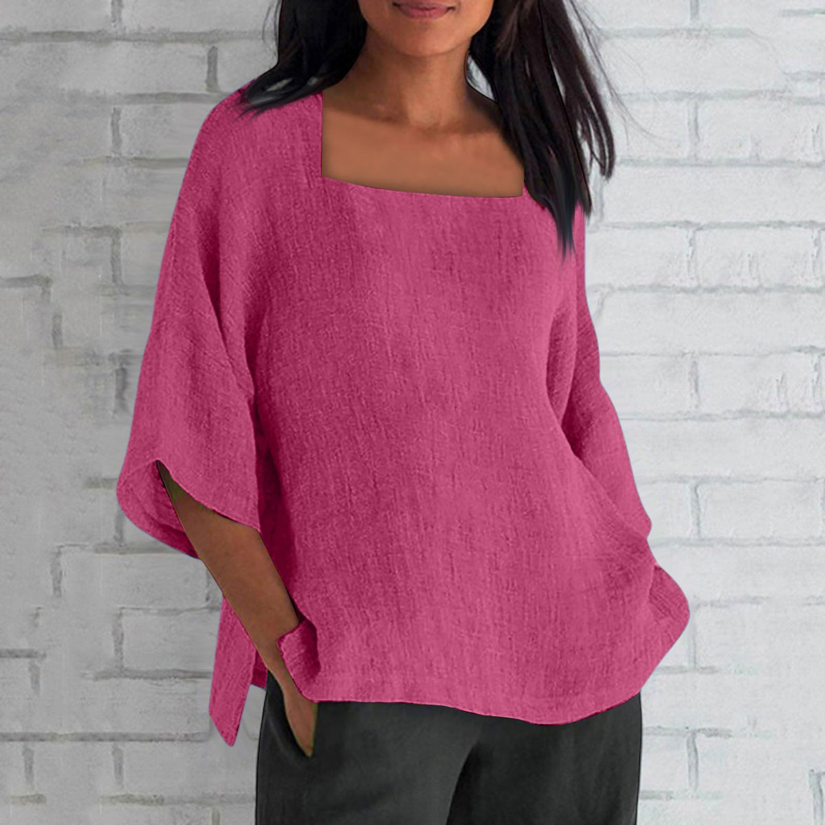 Women's Three-quarter Sleeve Square Collar Cotton Linen Blouse