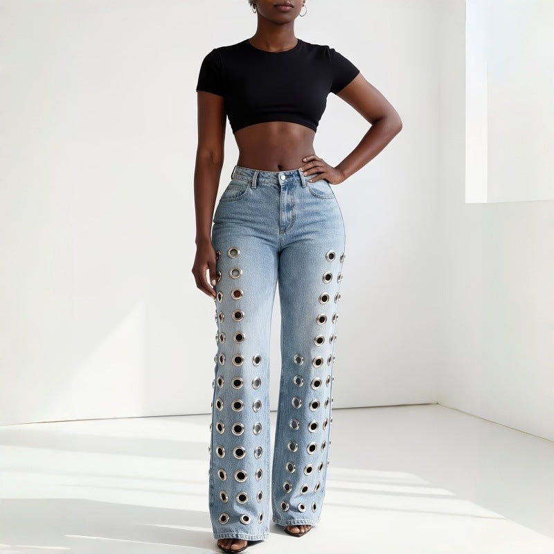 Women's Waist Metal Hollow Design Washed Straight Women's Jeans