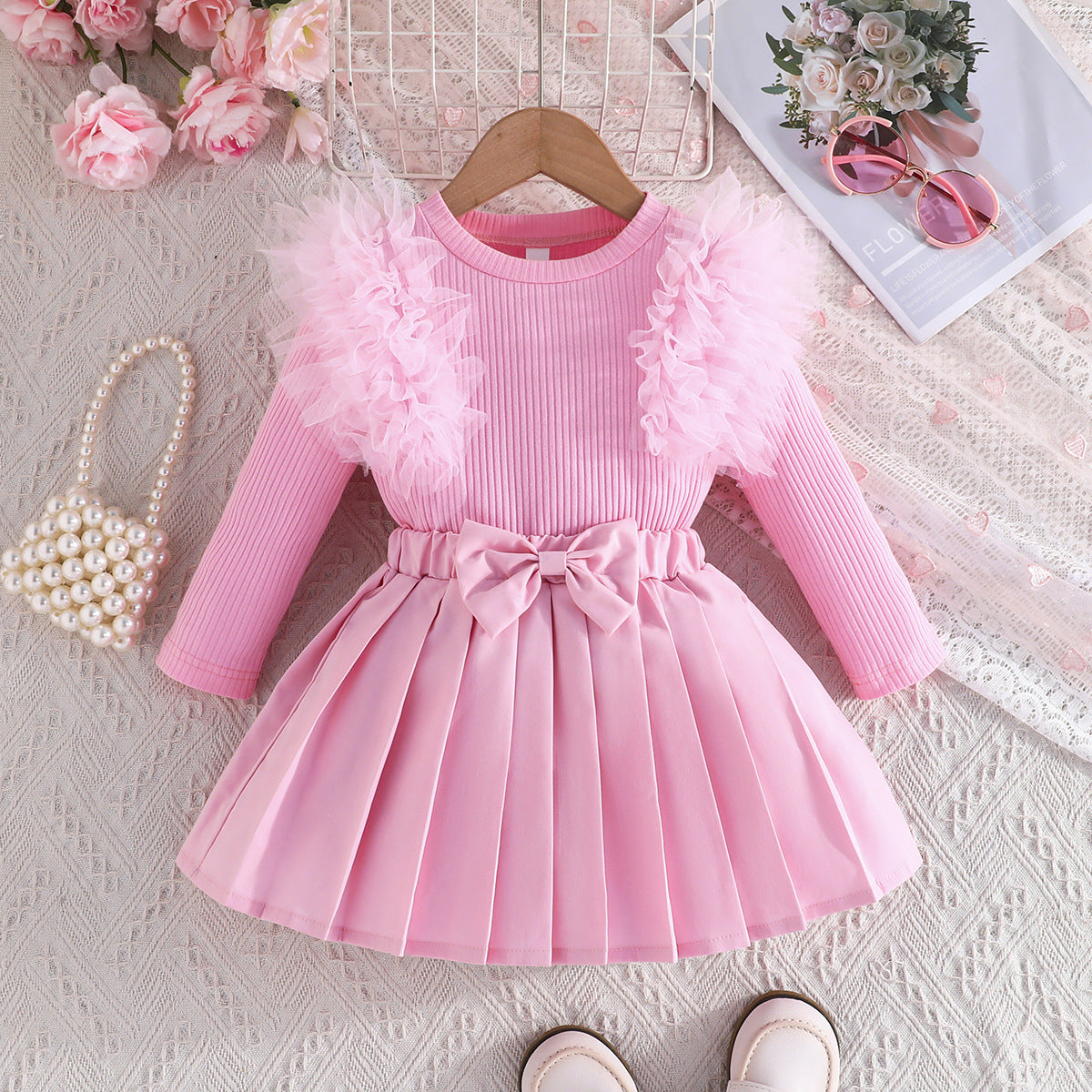 Sweet Multicolor Mesh Sleeves Top Bow Children's Suit