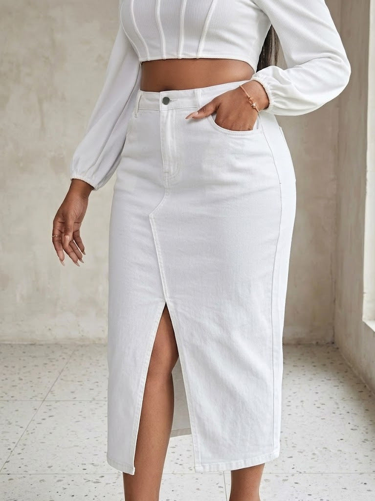 Large High Waist Front Slit Denim Retro Skirt