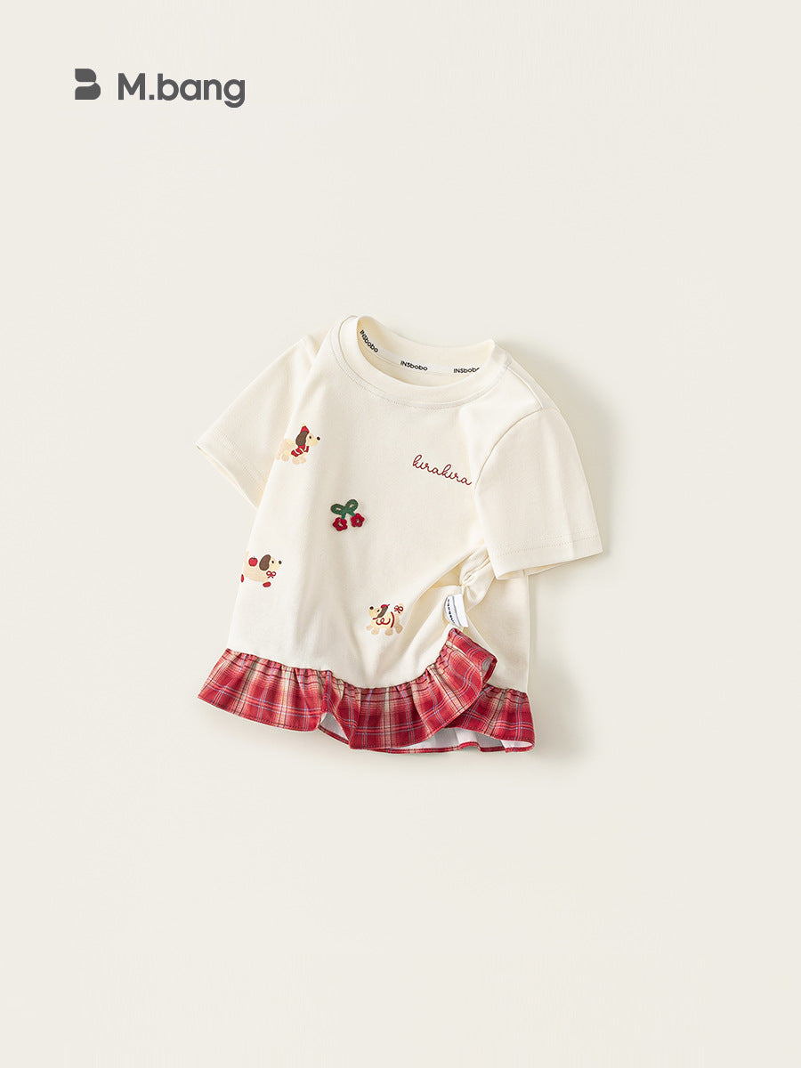 Children's Clothing Short-sleeved Summer Plaid Stitching Little Cartoon Printed Fake Two-piece Children's T-shirt