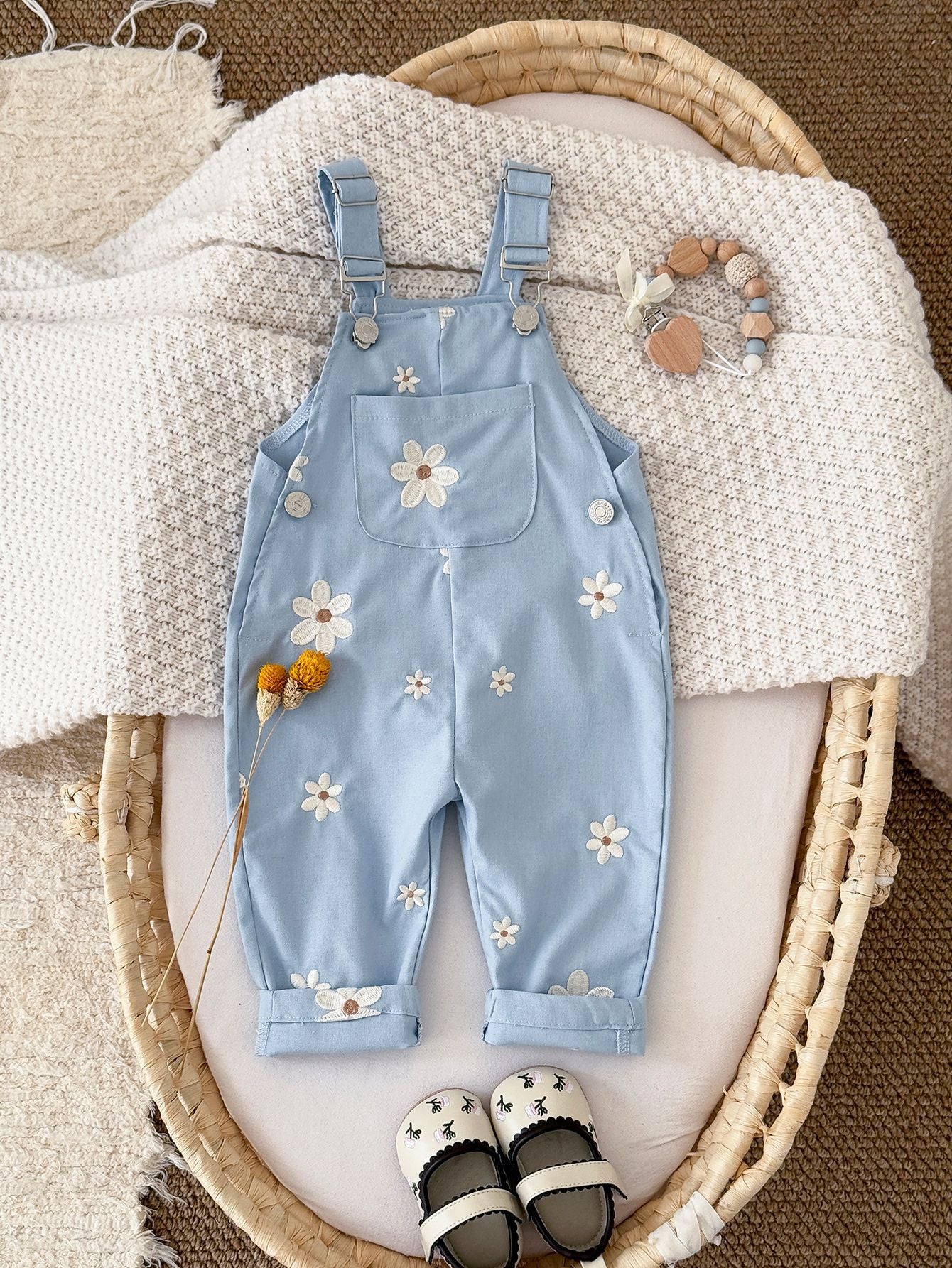 Jumpsuit Korean Style Fashion Suspender Flower Embroidered Casual Children's Pants