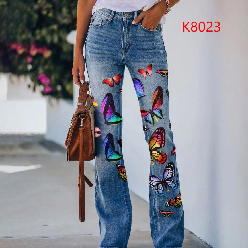 Pretty Women's Large Printed Denim Thin Jeans