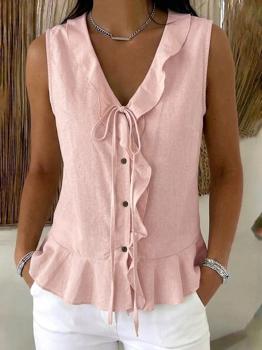 Women's Collar Ruffled Tied Sleeveless Hem Ruffles Women's T-shirt