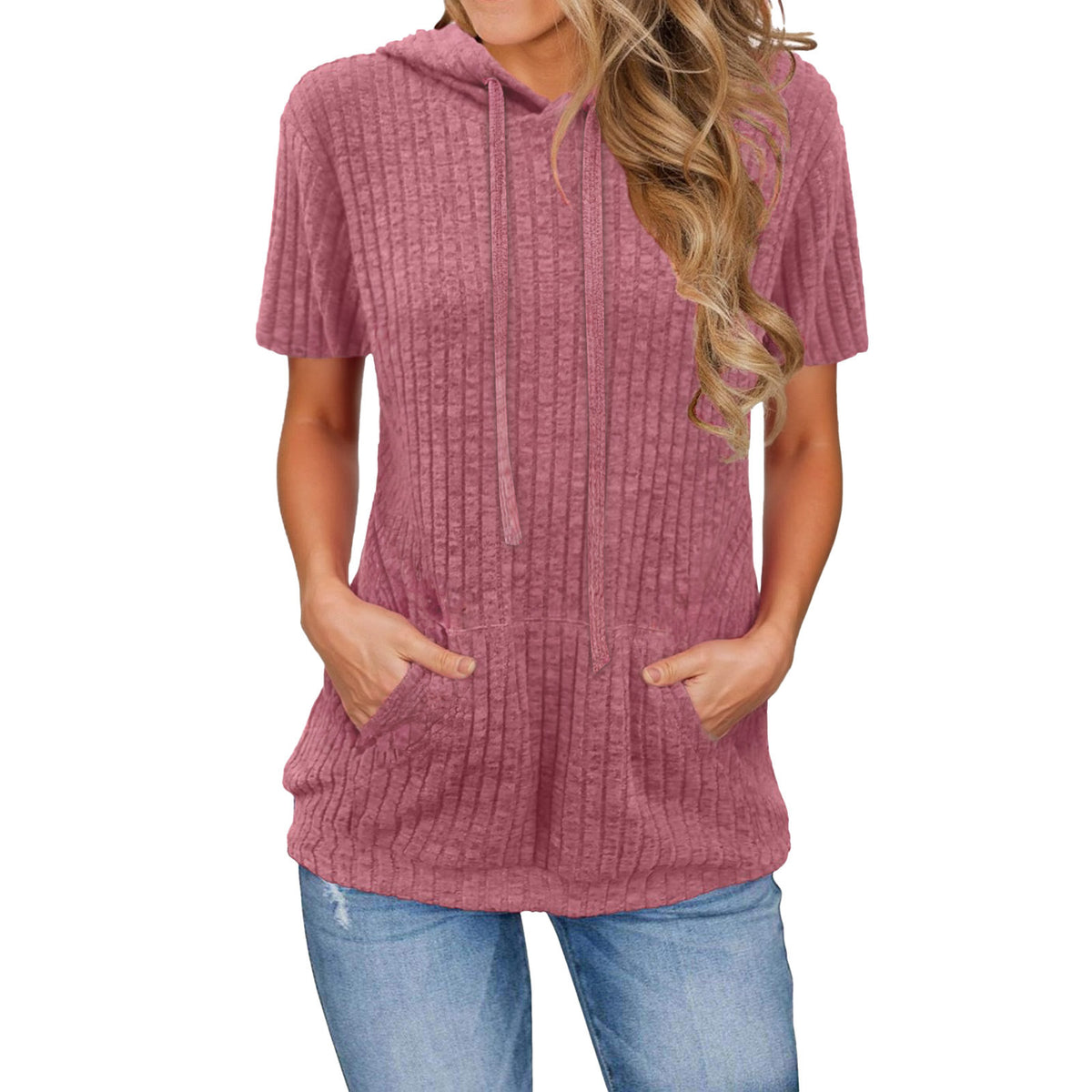 Women's Sunken Stripe Pocket Hooded Vacation Short-sleeved Women's T-shirt