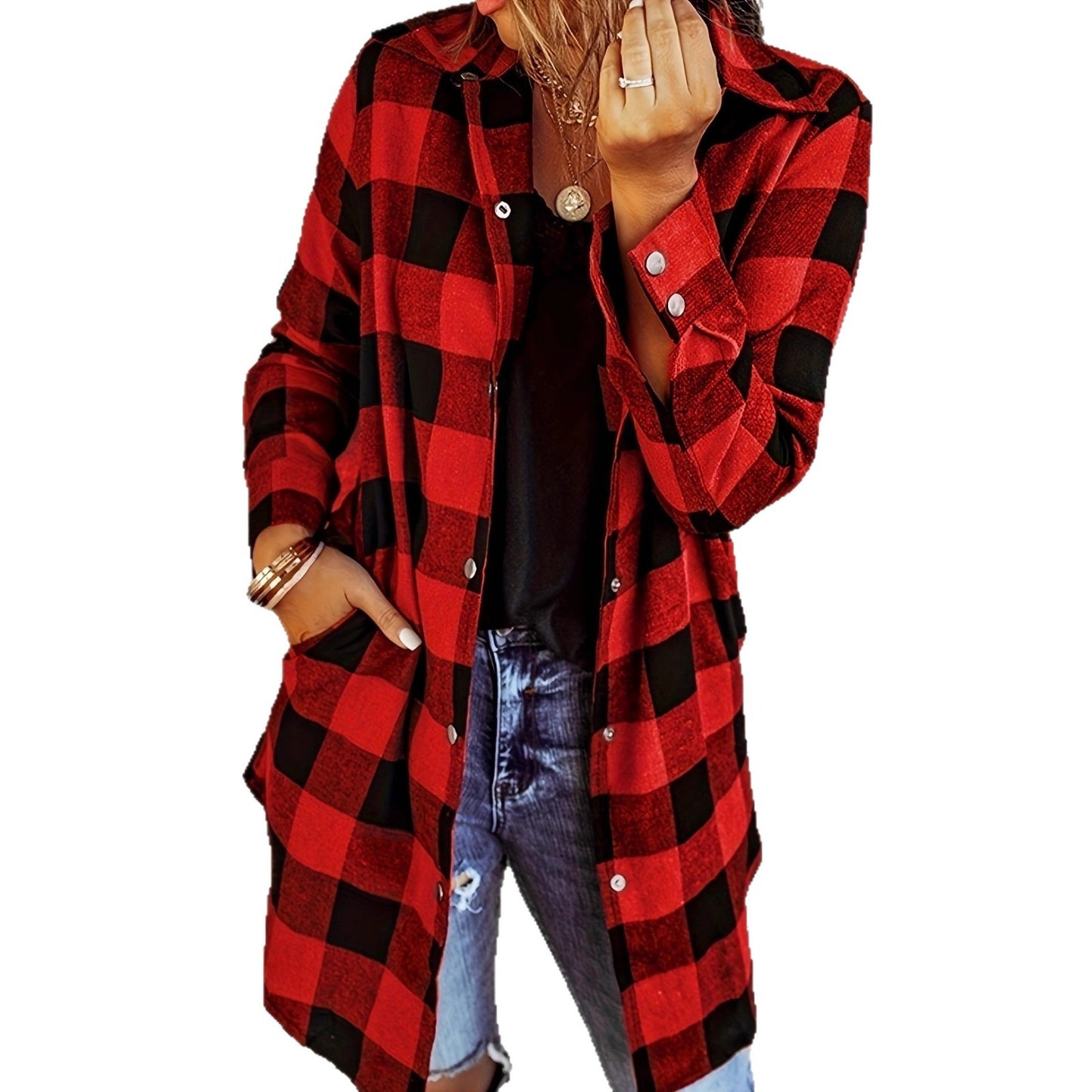 Women's Long Sleeve Plaid Lapel Loose Casual Jackets