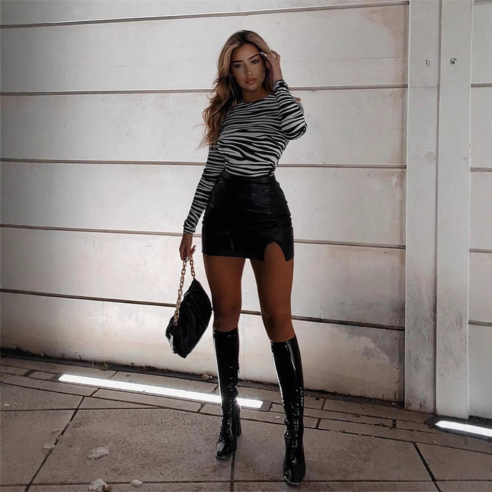 Women's Dress High Waist Nightclub Leather Zipper Sexy Skirts
