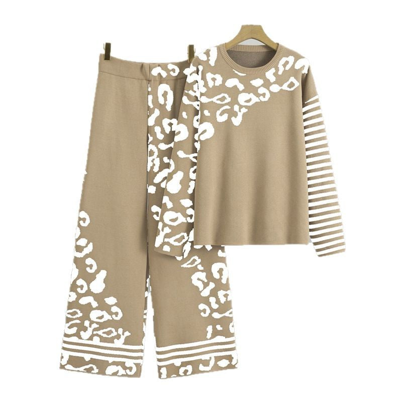 Women's Two-piece Set High Sense Loose Leopard Sweaters