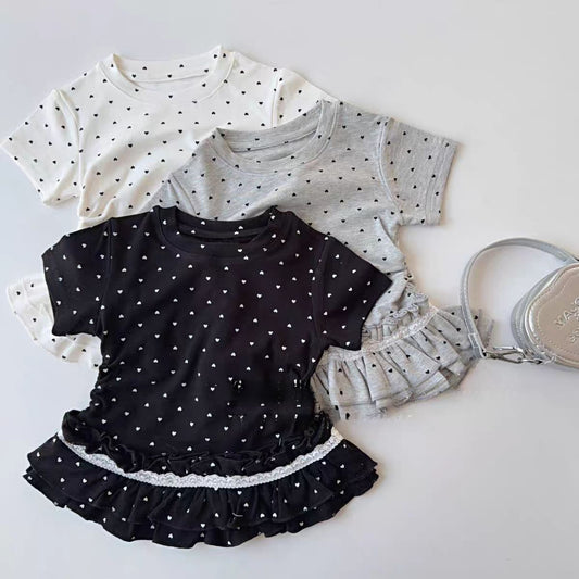 Children's Korean Short-sleeved Fashionable Lace Wooden Ear Children's T-shirt