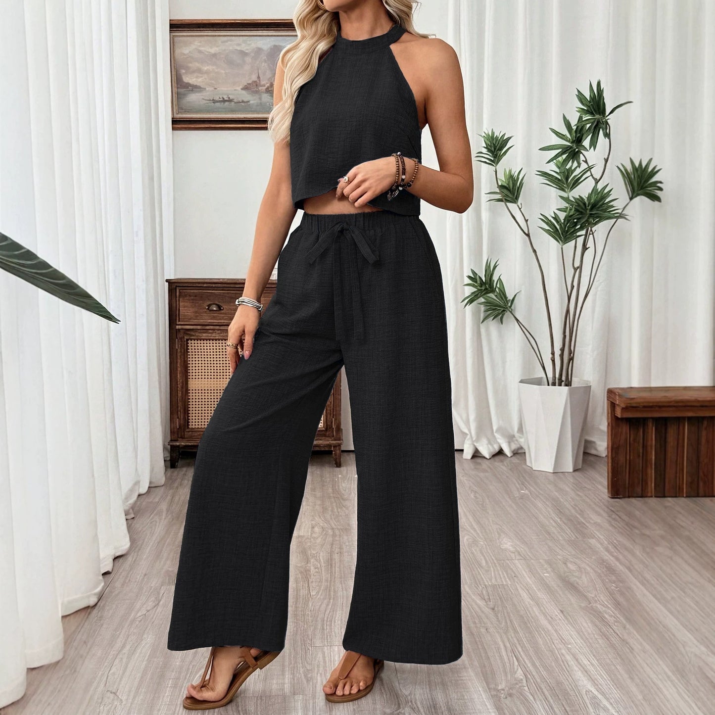 Women's Halter Sleeveless Wide Leg For Two-piece Fashion Casual Suit