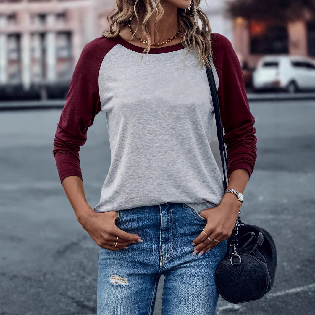 Women's In Contrast Color Pullover Long Sleeve Simple Women's T-shirt