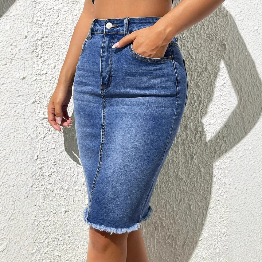 Stretch High Waist Frayed Denim Package Skirts