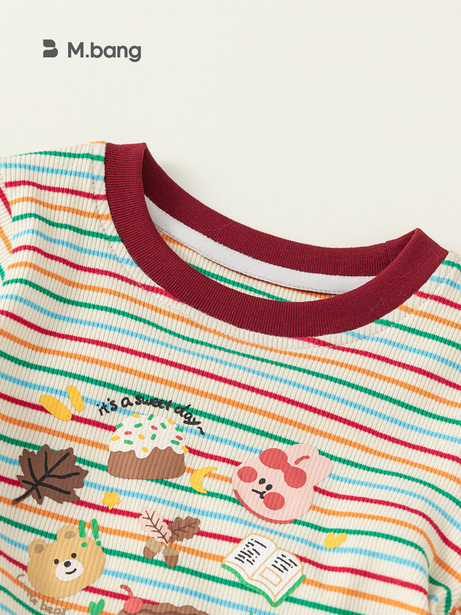 Children's Short-sleeved Contrast Color Round Neck Top Colorful Striped Cartoon Printed Children's T-shirt