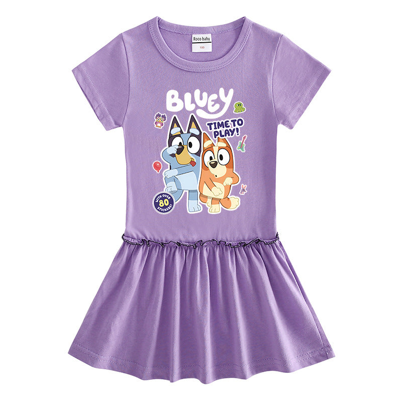 Children's Clothing Cartoon Half Sleeve Contrast Color Fashionable Pleated Children's Dress