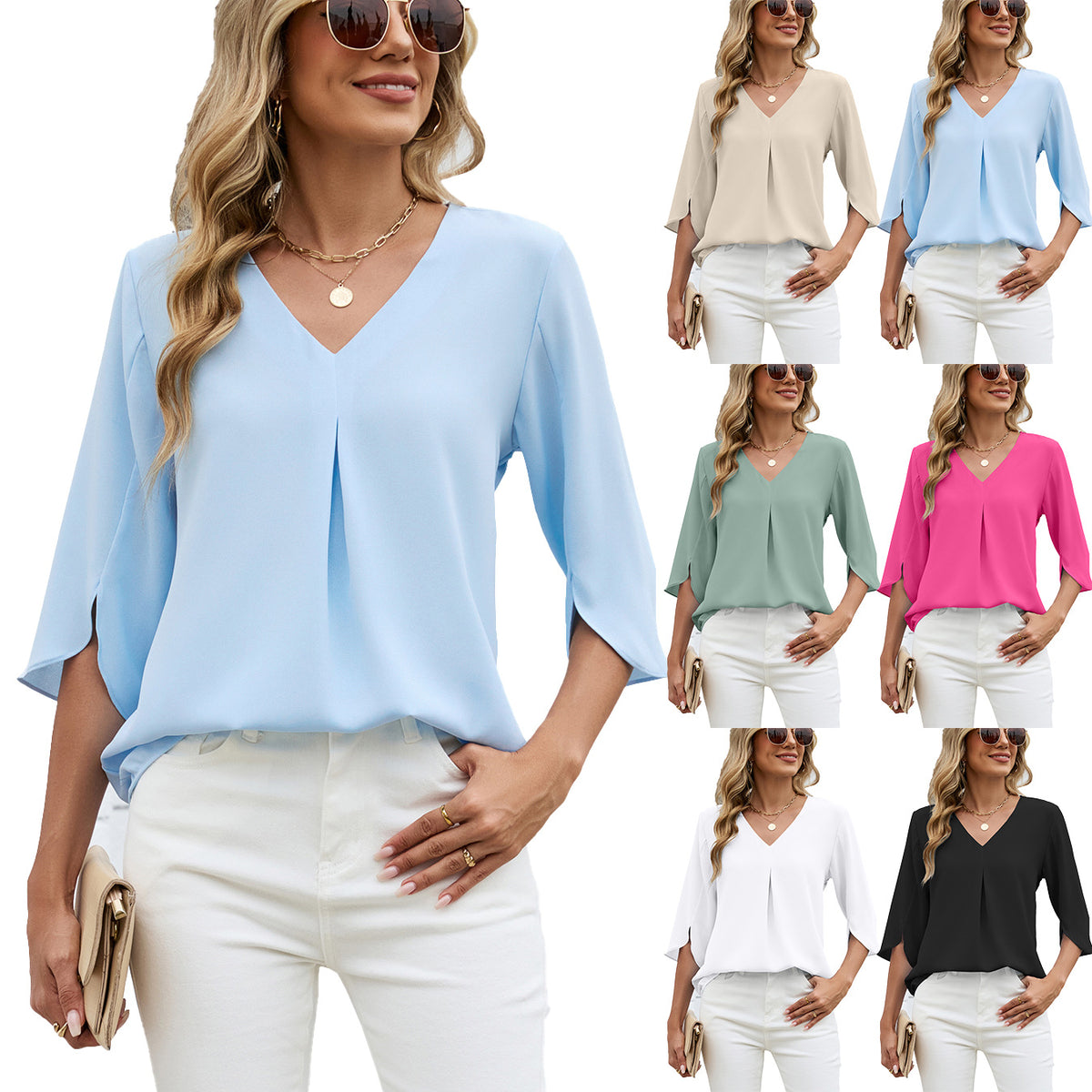 Women's Fashion Half Sleeve Pleated Loose-fitting Tops