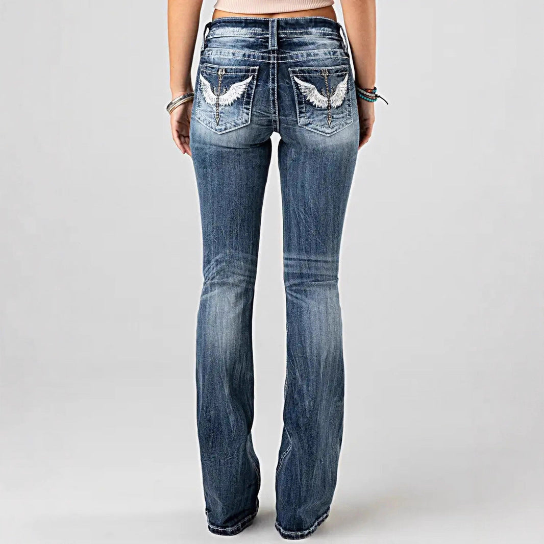 Women's Embroidered Washed Stretch Denim Trousers Slim Street Women's Jeans