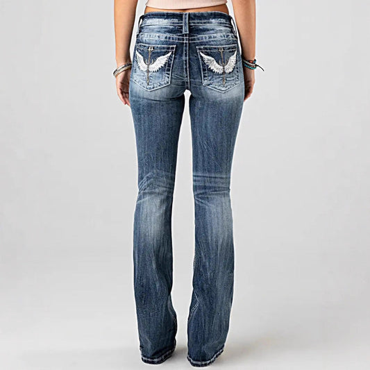 Women's Embroidered Washed Stretch Denim Trousers Slim Street Women's Jeans