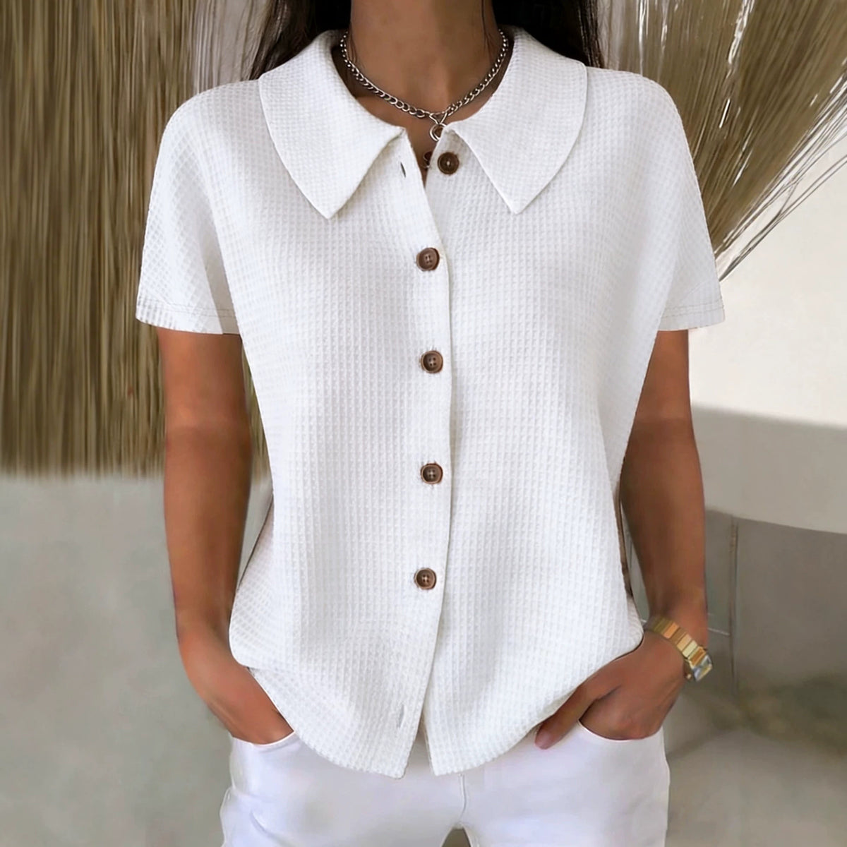 Fashion Elegant Lapel Waffle Solid Color Casual Sleeve Shorts