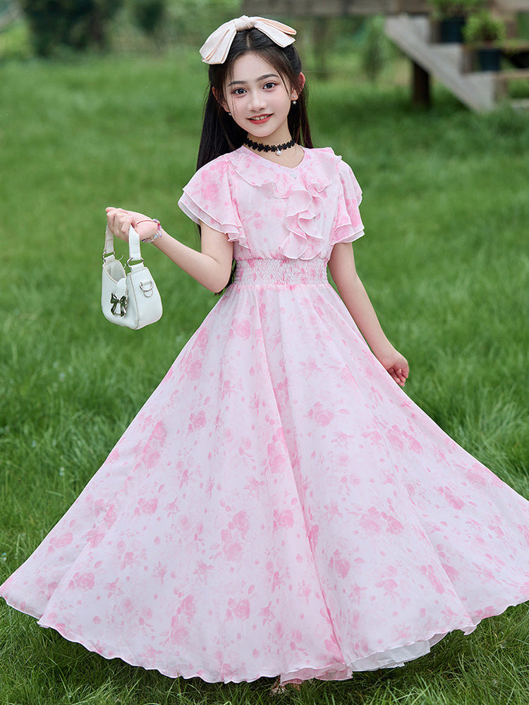 Summer Skirt Clothing Middle Big Fashionable Stylish Floral Children's Dress