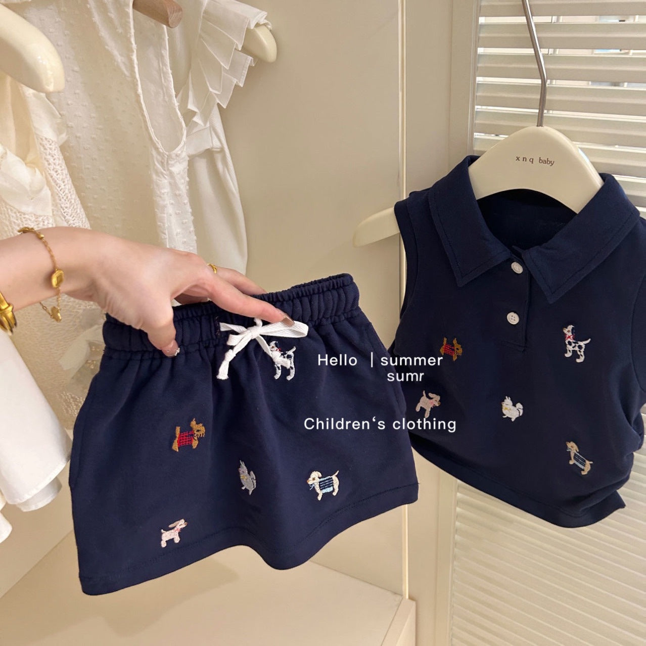 Summer Western Style Preppy Collar Vest Top Skirt Children's Suit
