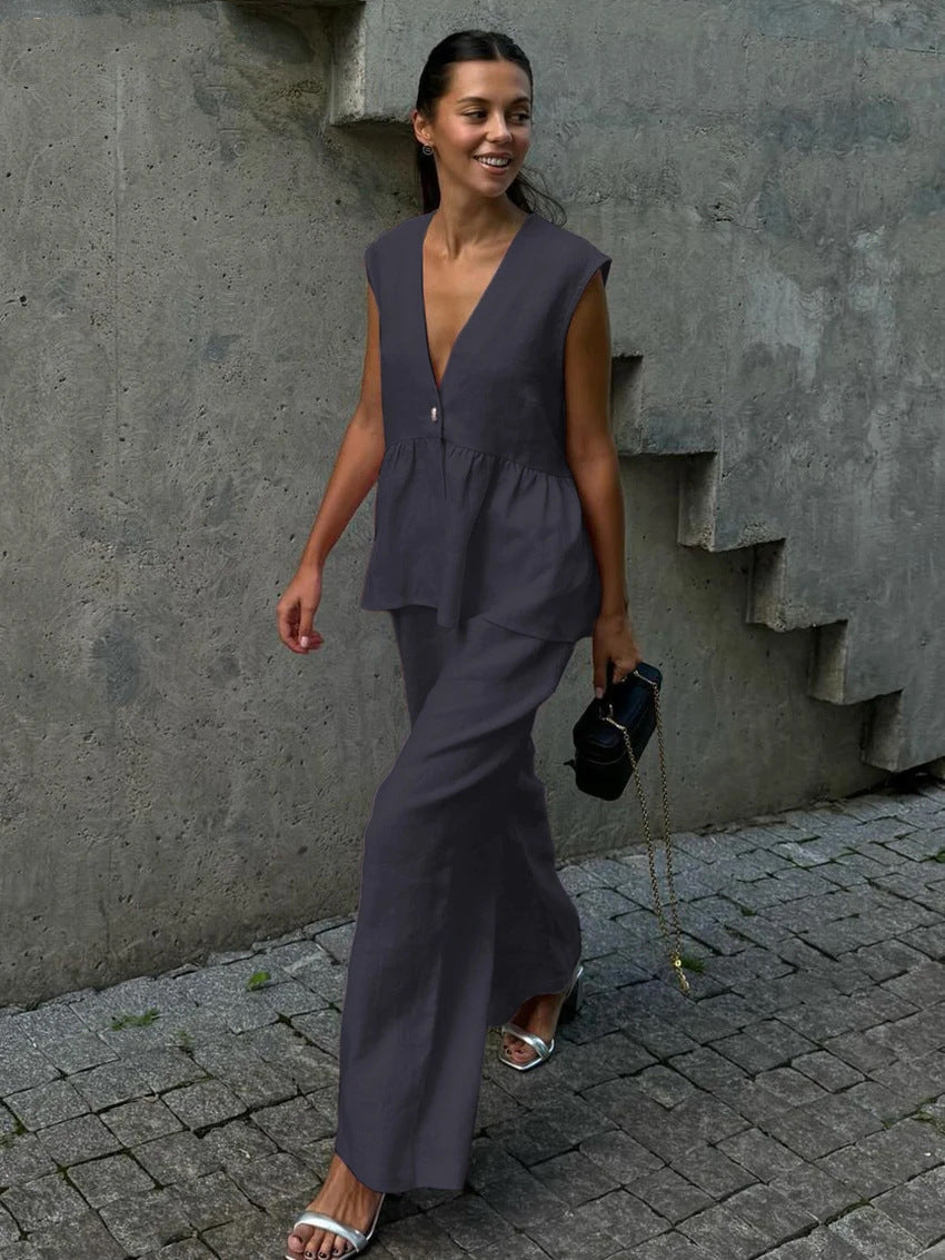 Women's Sleeveless Trousers Solid Color Temperament Commute Suits