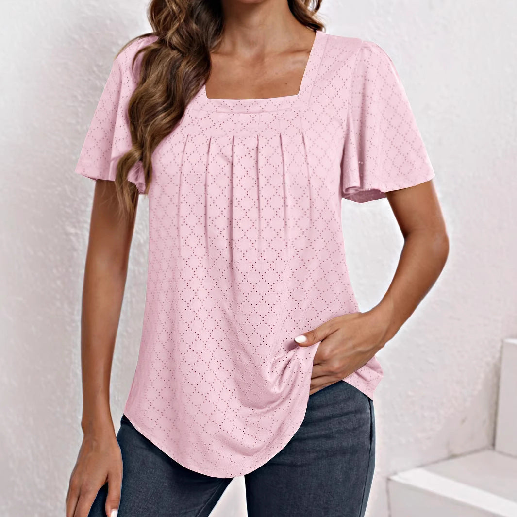Women's Summer Solid Color Pullover Pleated Jacquard Fashion Women's T-shirt