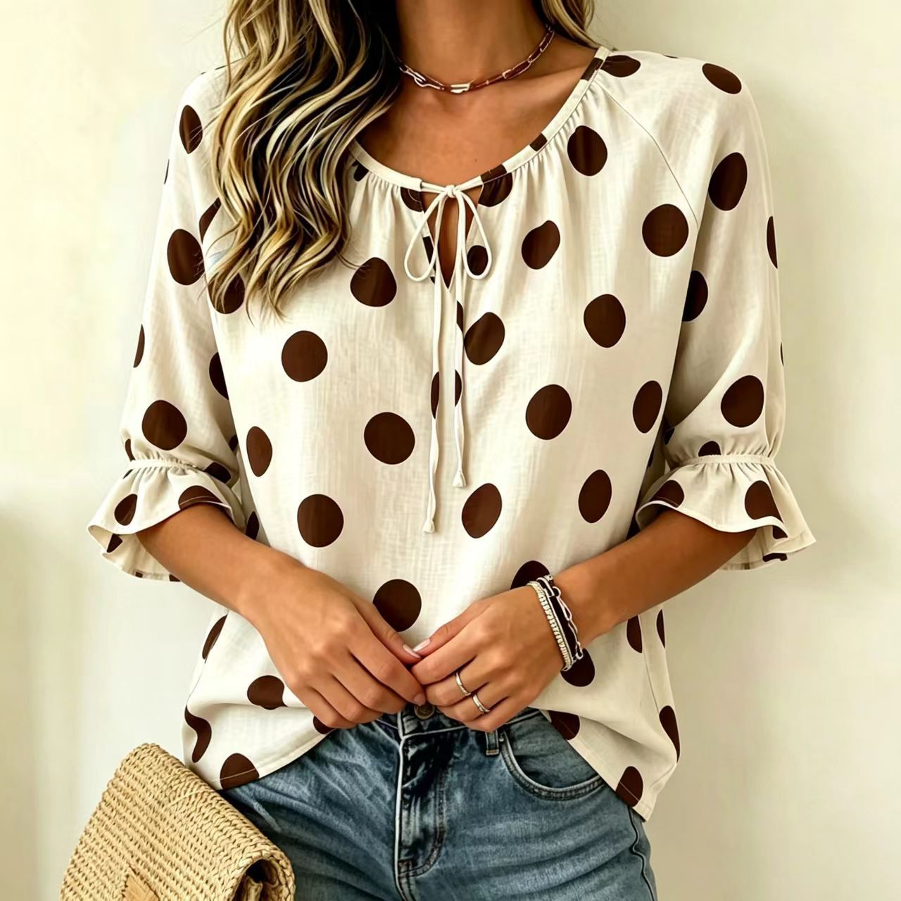 Women's Summer Printed Polka Dot Round Neck Tied Tops