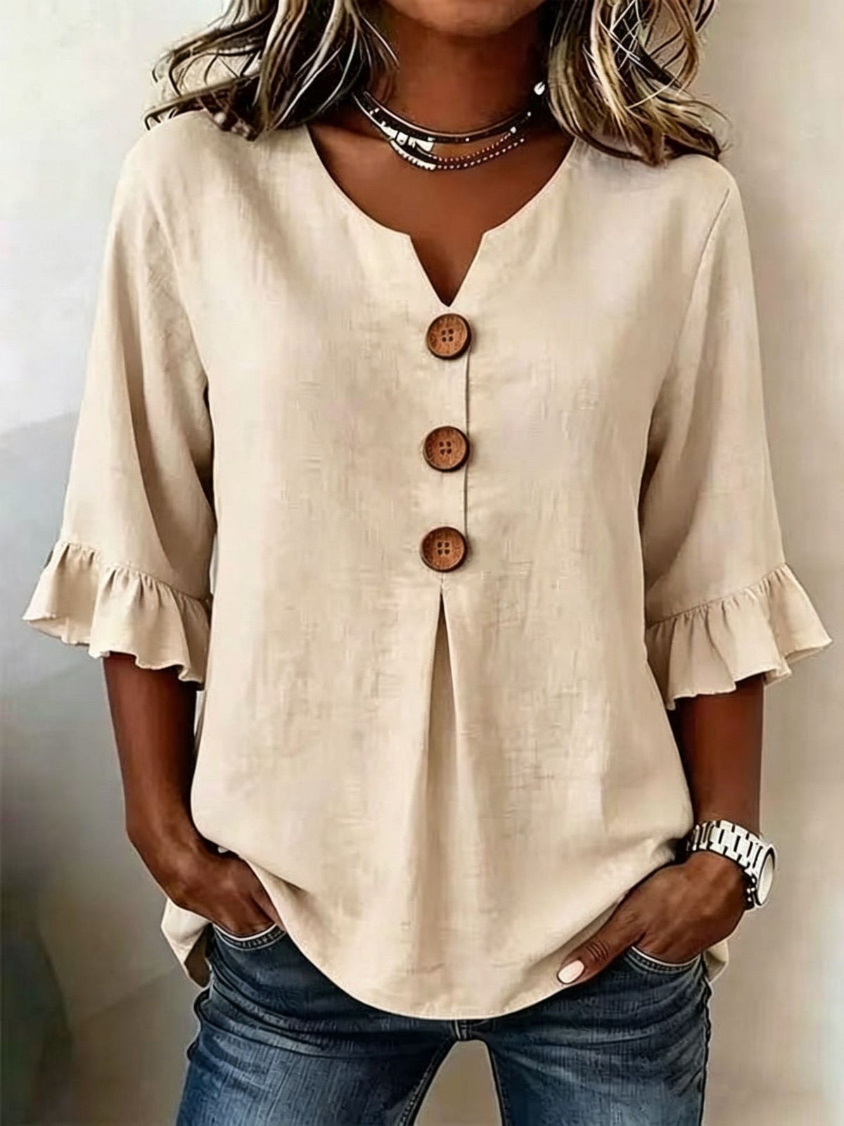 Women's Summer Buttons Ruffled Half Sleeves Loose Blouses