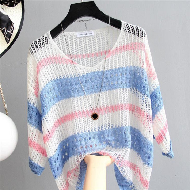 Women's Summer Chic Mesh Small Shirt Thin Loose Large Striped Sleeve Women's T-shirt