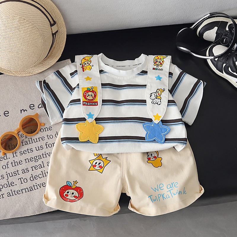Children's Clothing Cartoon Striped Shawl Short Sleeve Clothes Two-piece Children's Suit