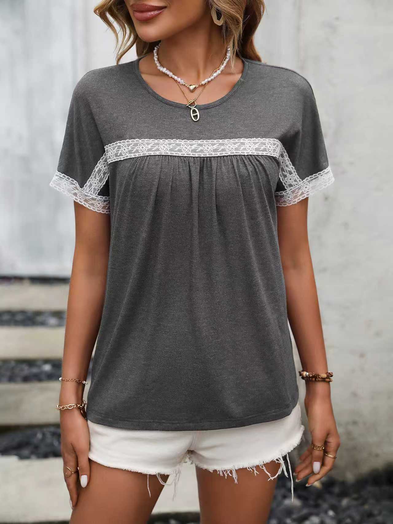Women's Round Neck Lace Patchwork Short-sleeved Women's T-shirt