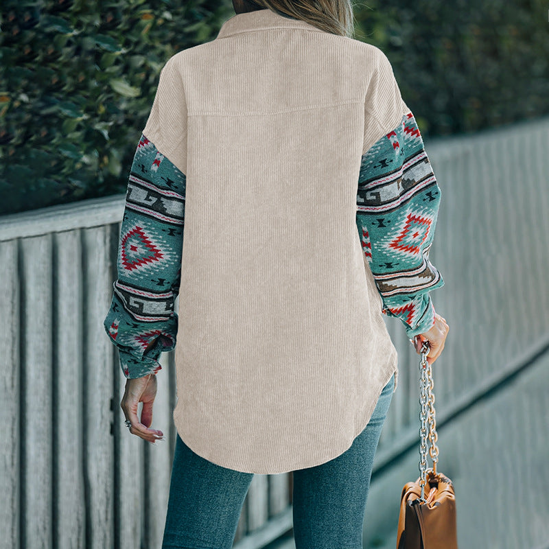 Women's Corduroy Shirt Ethnic Style Stitching Thin Blouse