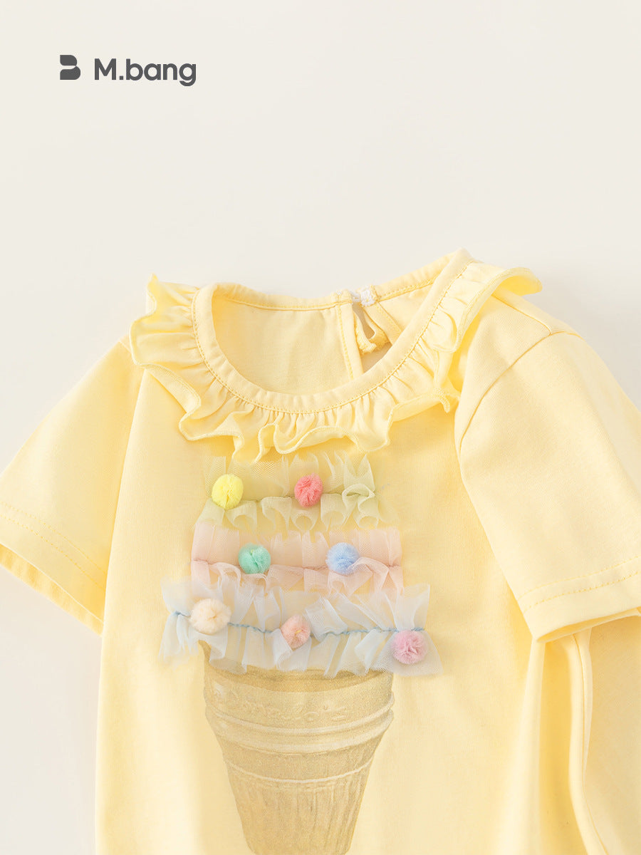 Children's Top Summer Lace Collar Printed Hairy Ball Female Little Short Children's T-shirt