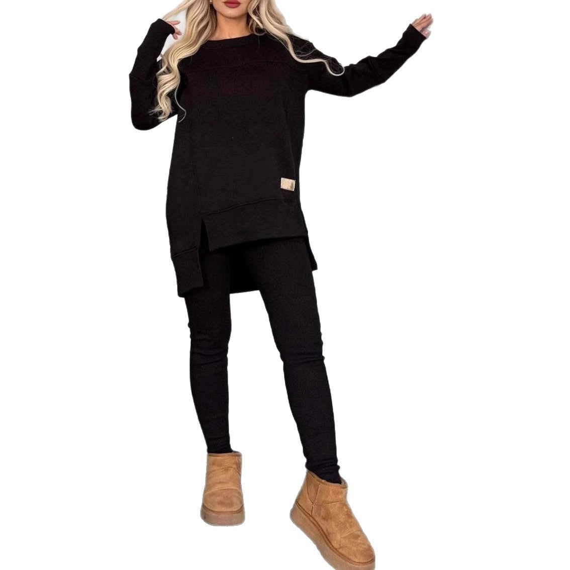 Women's Slit Long Sleeve Crew Neck Solid Color Fashion Casual Suit