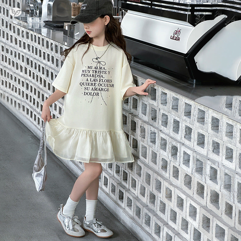 Children's Letter Printed T-shirt Skirt Mesh Stitching Rhinestone Children's Dress