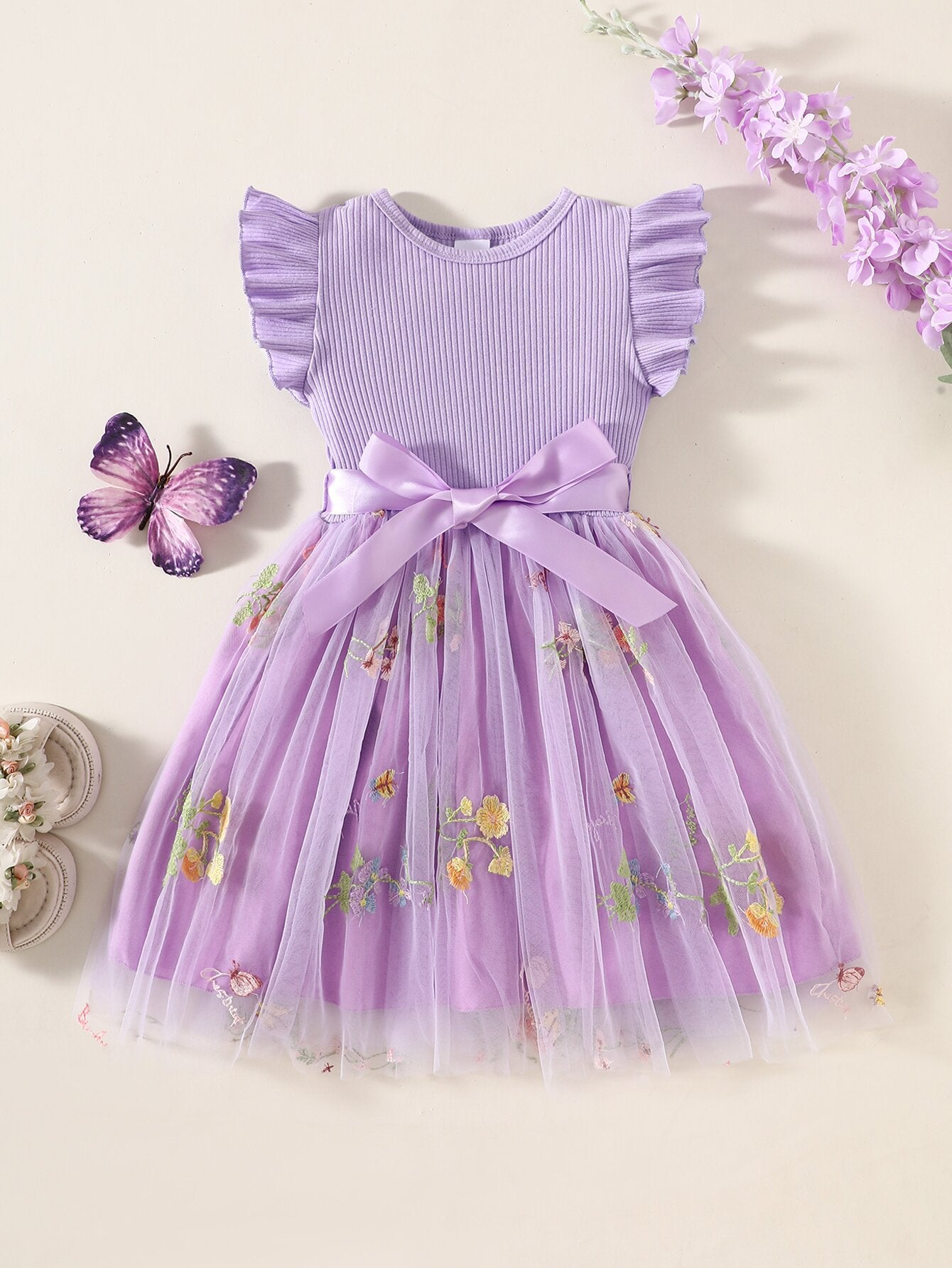 Children's Flounced Sleeve Flower Embroidered Mesh Little Princess Children's Dress