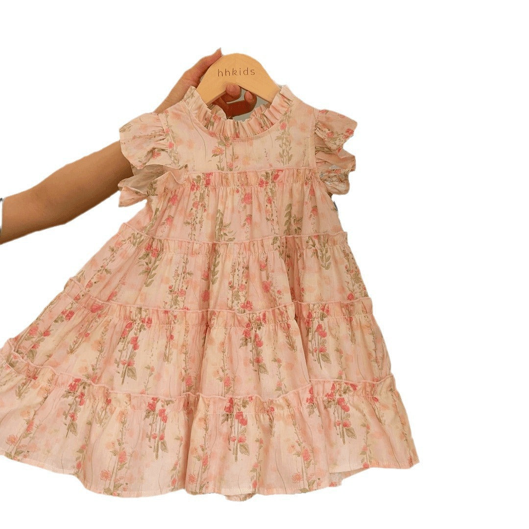 Fashionable Floral Korean Style Cotton Vacation Princess Children's Dress