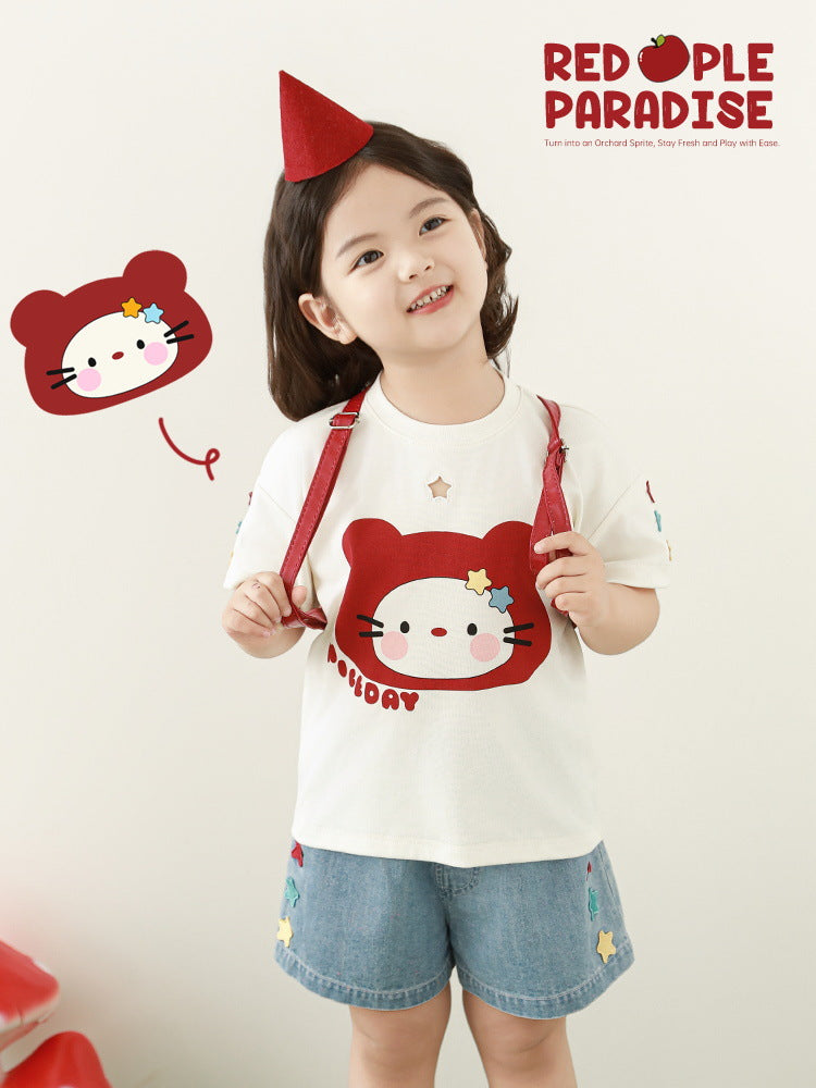 Summer Cat Printing Affixed Cloth Embroidered Standard Children's T-shirt