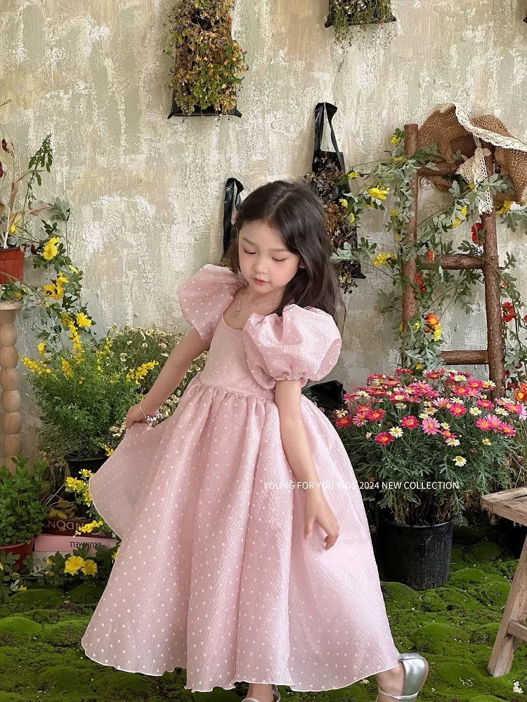 Summer Polka Dot Pearl Yarn Princess Puff Sleeve Swing Children's Dress